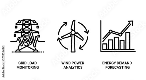 Energy grid analytics and wind power forecasting icons with analytics forecasting monitoring electricity renewable business sustainability infrastructure optimization distribution planning
