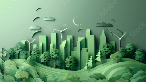 Lush 3D paper cut illustration of a vibrant green city at night, with gleaming white skyscrapers surrounded by dense foliage, yellow wildflowers, birds, and a large crescent moon above the canopy.