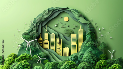Lush 3D paper cut illustration of a vibrant green city at night, with gleaming white skyscrapers surrounded by dense foliage, yellow wildflowers, birds, and a large crescent moon above the canopy.