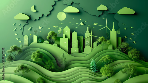 Lush 3D paper cut illustration of a vibrant green city at night, with gleaming white skyscrapers surrounded by dense foliage, yellow wildflowers, birds, and a large crescent moon above the canopy.
