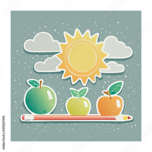 Flat Design Illustration of Sun, Apples, and Pencil