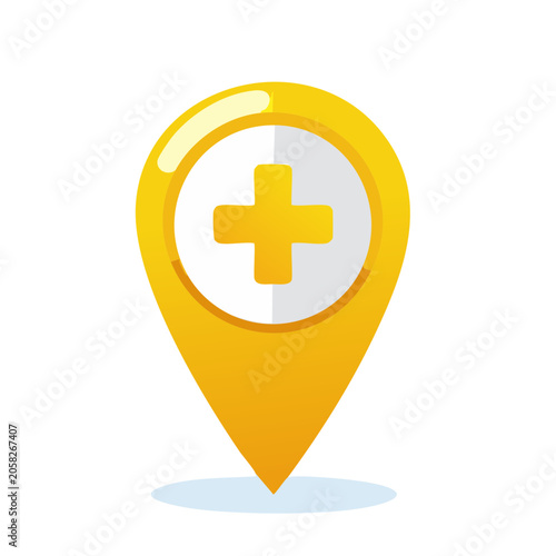 Yellow location pin icon with a white circle and a yellow cross