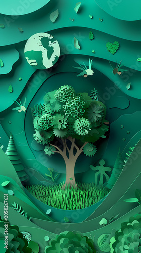 Richly layered illustration of planet Earth centered within a lush tropical jungle scene with teal foliage, yellow wildflowers, butterflies, clouds, and a golden sun, representing global ESG strategy.
