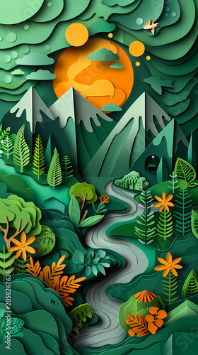 Richly layered illustration of planet Earth centered within a lush tropical jungle scene with teal foliage, yellow wildflowers, butterflies, clouds, and a golden sun, representing global ESG strategy.