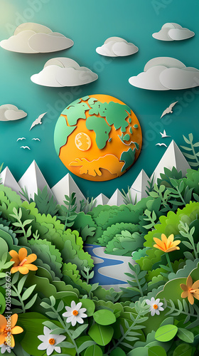 Richly layered illustration of planet Earth centered within a lush tropical jungle scene with teal foliage, yellow wildflowers, butterflies, clouds, and a golden sun, representing global ESG strategy.