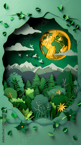 Richly layered illustration of planet Earth centered within a lush tropical jungle scene with teal foliage, yellow wildflowers, butterflies, clouds, and a golden sun, representing global ESG strategy.