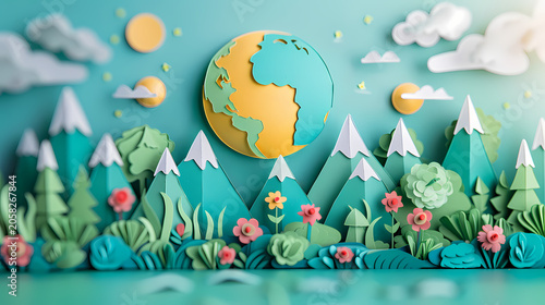 Richly layered illustration of planet Earth centered within a lush tropical jungle scene with teal foliage, yellow wildflowers, butterflies, clouds, and a golden sun, representing global ESG strategy.