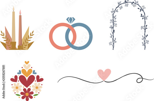 Quadro su tela Romantic wedding decorative icons featuring candles, rings, floral arch, heart m