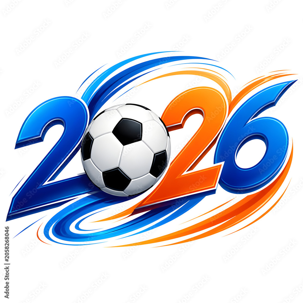 Obraz premium 2026 Soccer Championship Graphic: A dynamic graphic featuring the year 2026 intertwined with a soccer ball, surrounded by swirling ribbons of blue and orange.