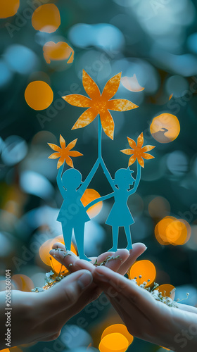 Playful and uplifting 3D paper cut concept of a human hand gently holding a paper cloud with a small figure raising a large golden smiley face balloon, set against a bright blue sky with white clouds.