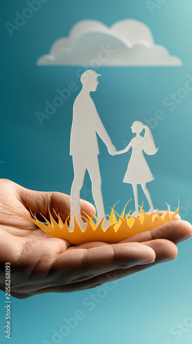 Playful and uplifting 3D paper cut concept of a human hand gently holding a paper cloud with a small figure raising a large golden smiley face balloon, set against a bright blue sky with white clouds.