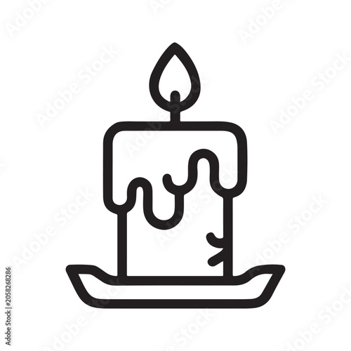 Black line art candle icon, melting wax, flame, simple minimalist design, decorative element isolated on White Background