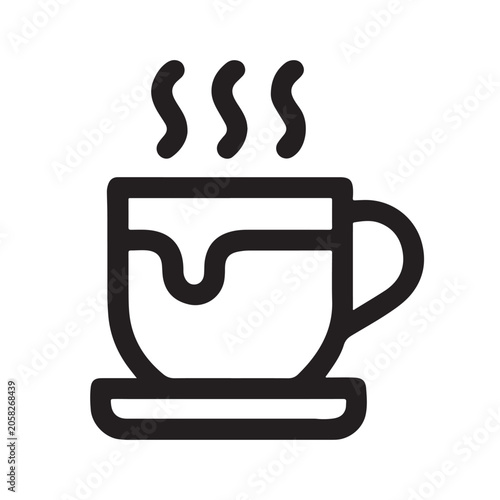 Hot Coffee Cup Icon, Steaming Mug, Black Line Art, Beverage Symbol isolated on White Background