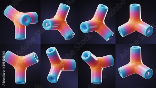 Futuristic Gradient Cylinders with Varied Junctions Floating on Grid