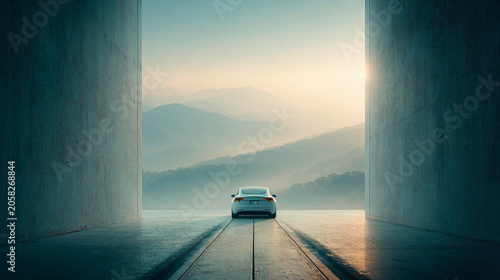 Futuristic electric car parked on a platform overlooking misty mountains at sunrise