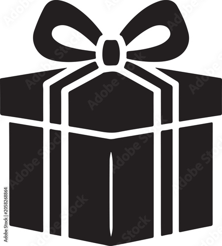 Black gift box, wrapped present, ribbon bow, icon, symbol isolated on White Background