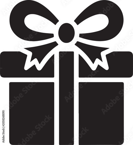 Gift box icon, black present with bow, wrapped box symbol, ribbon giftbox isolated on White Background