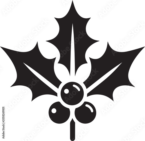 Holly leaf, berry icon, black silhouette, Christmas symbol, festive decoration isolated on White Background