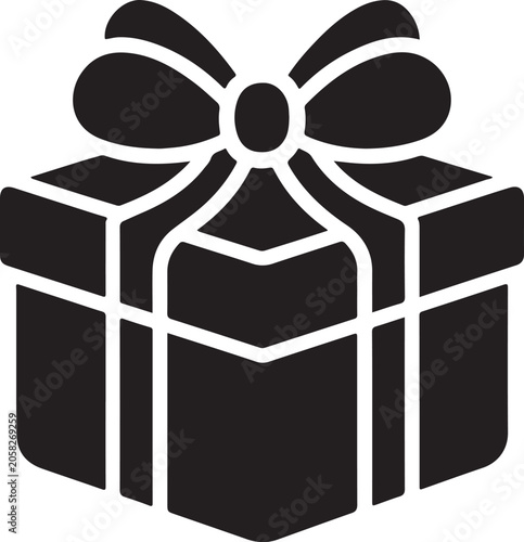 Gift box icon, present box symbol, black gift box, ribbon bow isolated on White Background