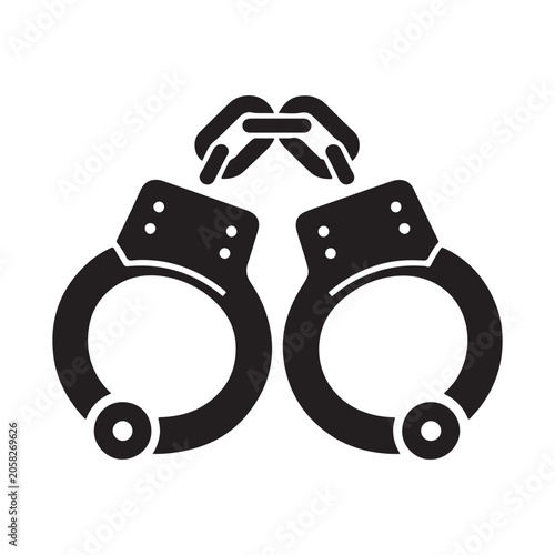Handcuffs, police arrest symbol, law enforcement icon, crime prevention sign isolated on White Background