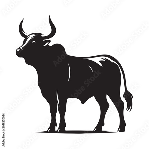 Black bull silhouette, cattle icon, animal illustration, livestock graphic isolated on White Background