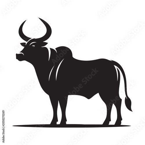 Black bull silhouette, animal icon, cattle illustration, wildlife graphic isolated on White Background