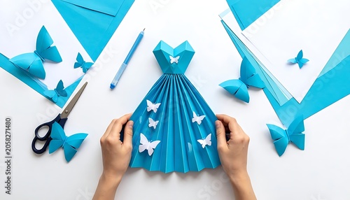 Hands fold a blue origami dress, surrounded by origami butterflies, on a white surface with craft supplies
