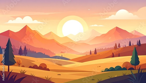 Illustrated landscape with warm sunset, mountains in distance, trees, and open fields in a flat, stylized design