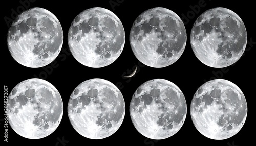Montage of the moon in various phases with a crescent moon in the center row against a stark black background