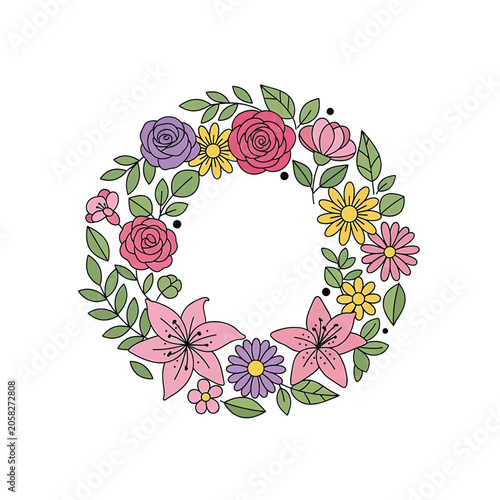 Colorful flowers in a wreath arrangement.