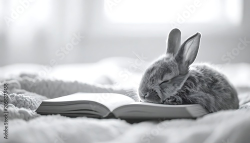 Grey rabbit sleeping peacefully on an open book, resting on a soft, plush blanket in monochrome