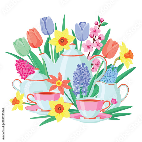 Colorful flowers in tea cups.