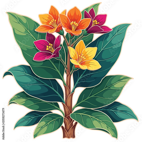 Colorful flowers on a plant stem.