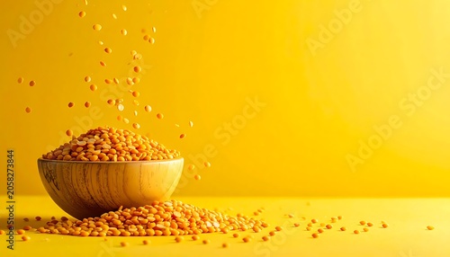 Lentils poured yellow background