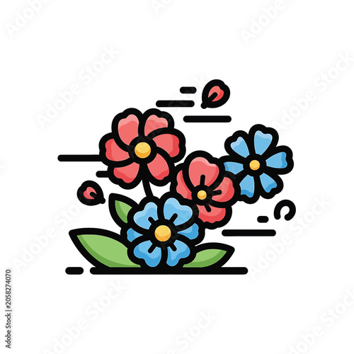 Colorful flowers with green leaves bloom.