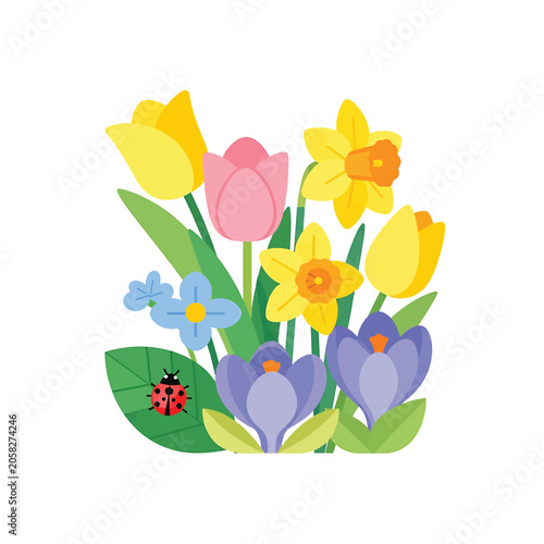 Colorful flowers with ladybug on leaf.