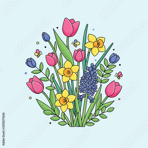 Colorful flowers with green stems.