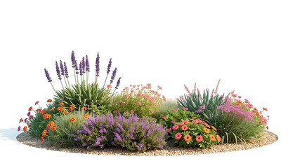 Circular garden bed with stone border layered plants and colorful flowers arranged in balanced design isolated for creative projects