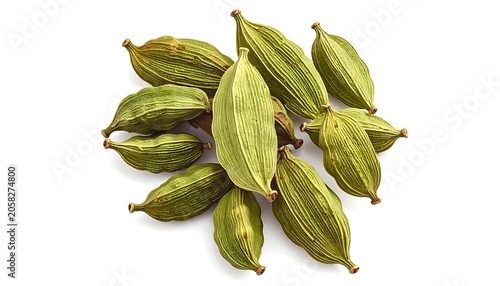 Green spice pods on white