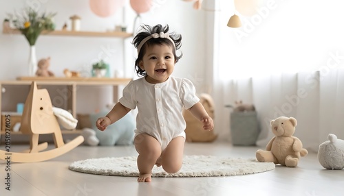 Joyful baby in a bright, pastel-toned playroom, beaming and reaching forward, surrounded by soft toys and decor