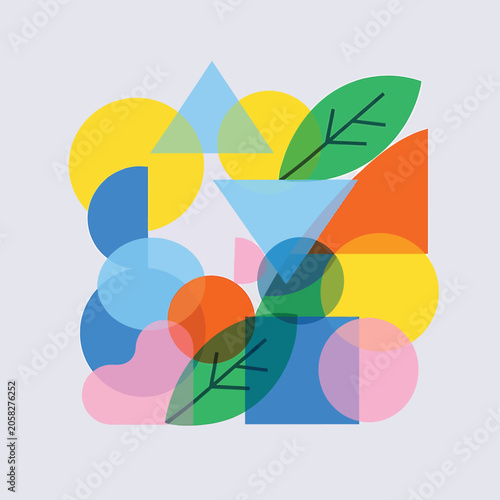 Colorful geometric shapes and leaves.
