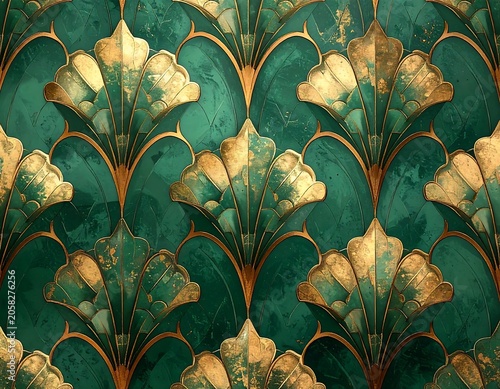 A seamless pattern of green and gold leaf-like shapes with curved lines, forming a symmetrical and ornate design