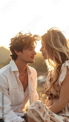 Loving couple sunset gaze