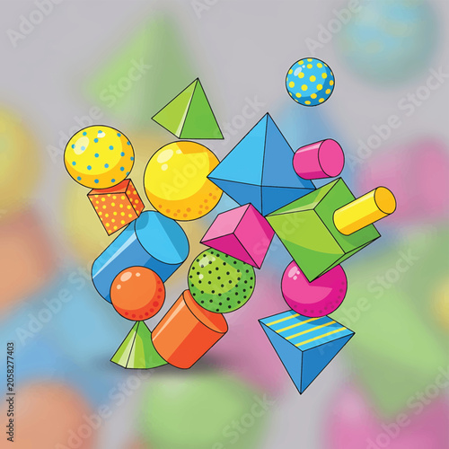 Colorful geometric shapes floating together.