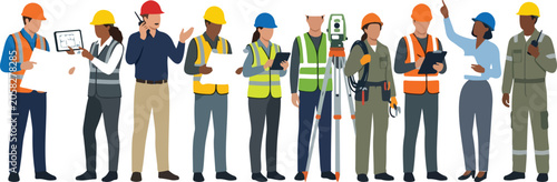 industrial labor characters company employees contractors and heavy machinery operators collection wearing protective safety vests and hardhats
