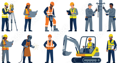 industrial labor characters company employees contractors and heavy machinery operators collection wearing protective safety vests and hardhats