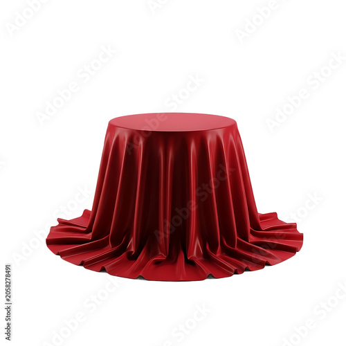Red round table covered with a draped tablecloth isolated on transparent background