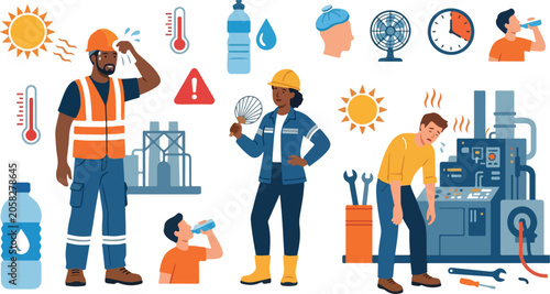 Schilderij op canvas Workplace heat stress safety set with industrial workers suffering from high temperature dehydration and exhaustion vector illustration isolated white
