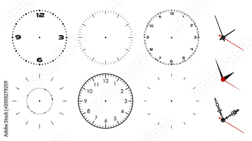Clock faces and hands set for design, isolated on white background
