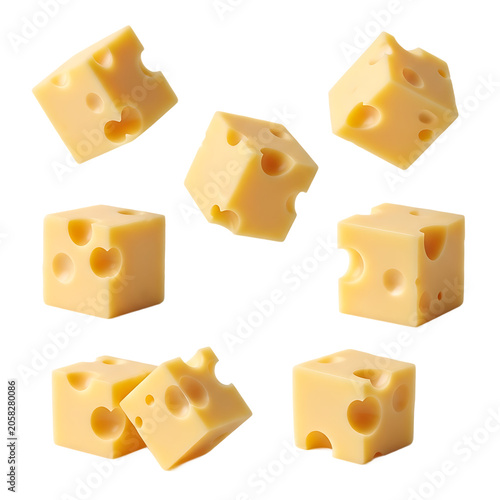 Set of delicious swiss cheese cubes isolated on transparent background